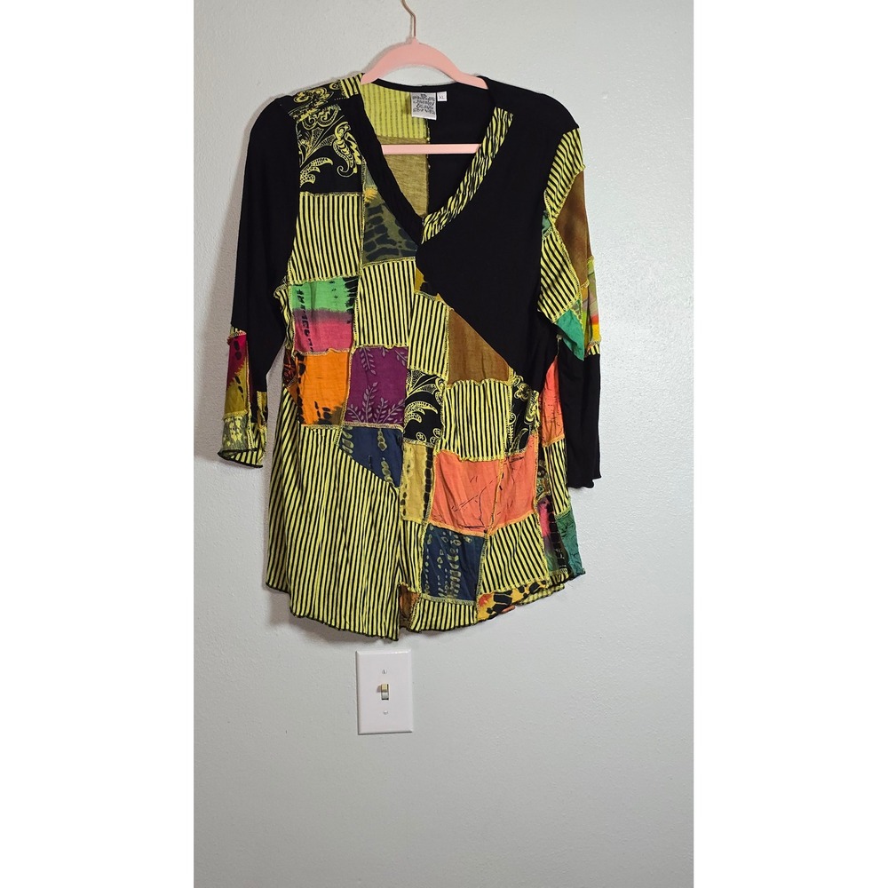 Parsley & Sage Patchwork Tunic Top XL V-Neck 3/4 Sleeve Boho Rayon Multi-Color